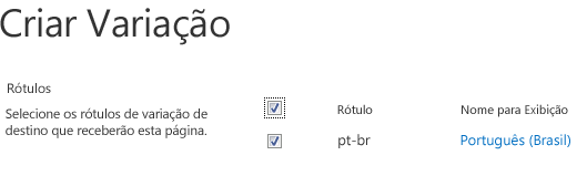 Captura de tela com caixas de seleção mostrando os sites de variação que devem receber atualizações de conteúdo. Incluídos estão rótulos de variação e seus nomes de exibição correspondentes