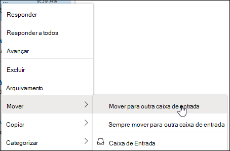 Uma captura de tela mostra o menu com o botão direito do mouse com as opções para Mover para Outra caixa de entrada e Sempre mover para Outra caixa de entrada.