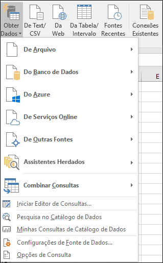 Dados > Obter e Transformar > Obter Opções de dados