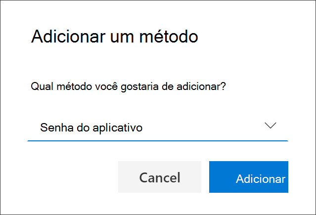 Caixa Adicionar método, com senha do aplicativo selecionada