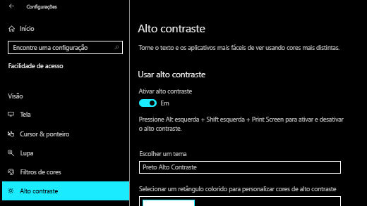 A turn on high contrast in Windows 10 Configurações app.