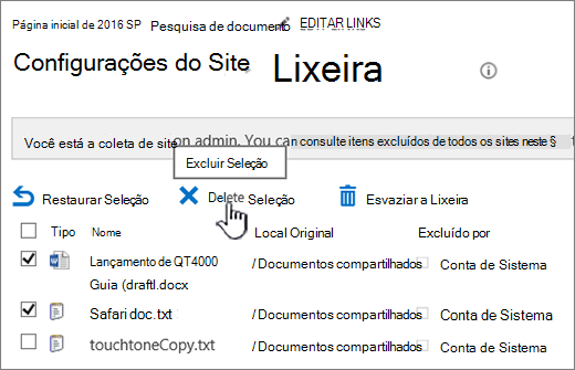 Botão Excluir página de reciclagem do SharePoint 2016 realçado