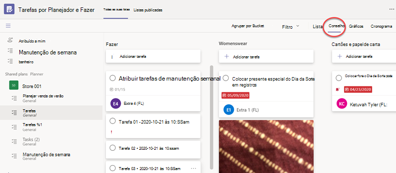 Exibição de quadro de tarefas no Teams
