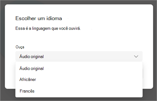 Captura de tela do menu suspenso com opções de idioma para traduzir durante a reunião do Teams.