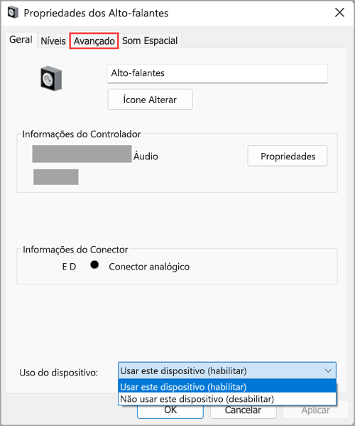 Habilite seu dispositivo de áudio em Propriedades dos alto-falantes no Windows 11.