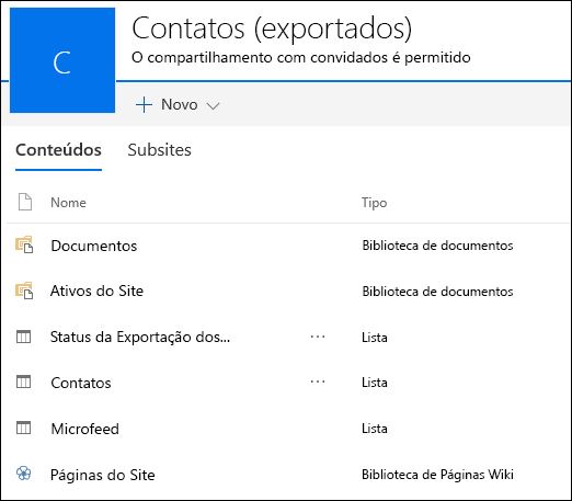 Página do subsite do SharePoint que contém listas do aplicativo Web do Access exportado