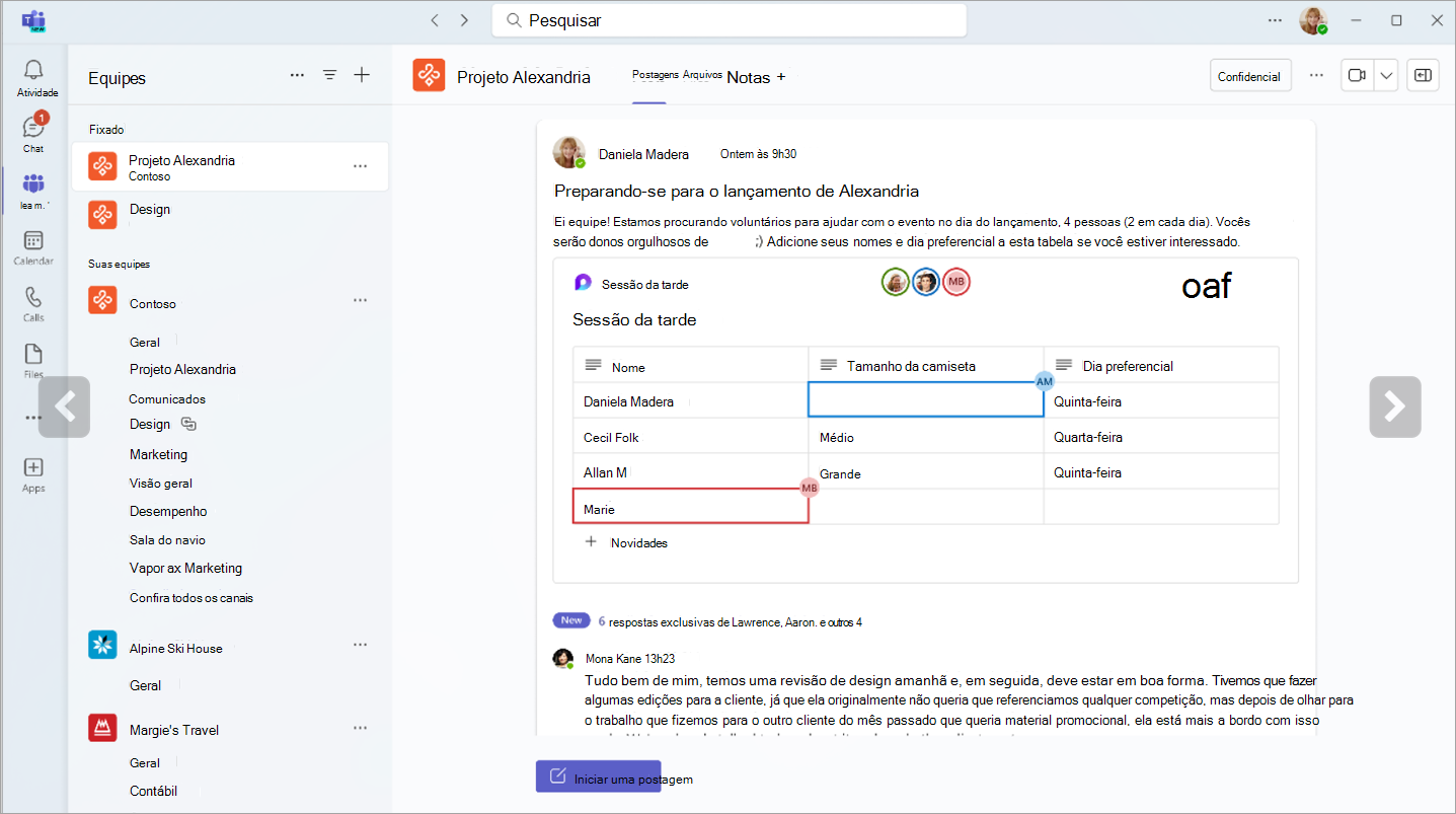 Captura de tela mostrando componentes de loop nos canais do Teams.