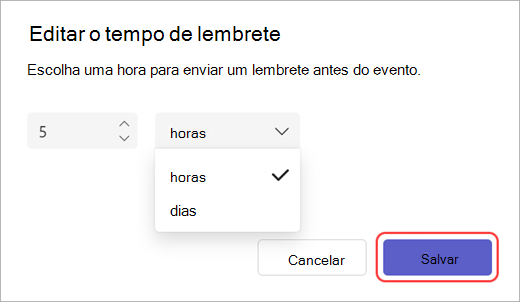 Captura de tela do editor de tempo de envio de email de lembrete no Teams