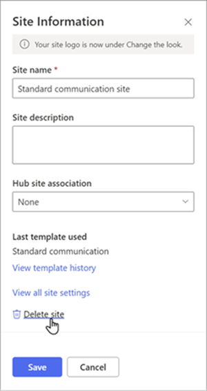 Captura de tela do painel de informações do site com Excluir site sublinhado. Na parte inferior do painel estão os botões Salvar e Cancelar.