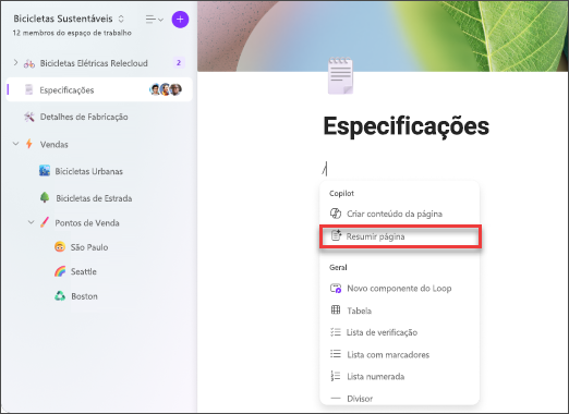 Resumir a opção de menu da página no Loop