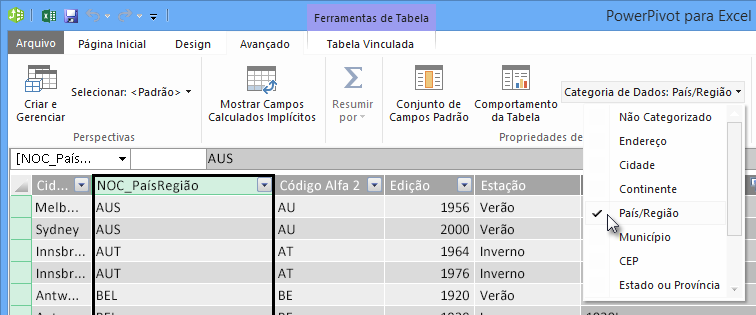 Categorias de Dados no PowerPivot