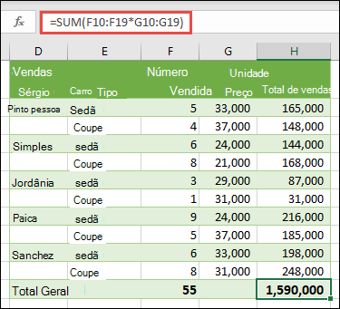 Fórmula de matriz de célula única para calcular um total geral com =SOMA(F10:F19*G10:G19)