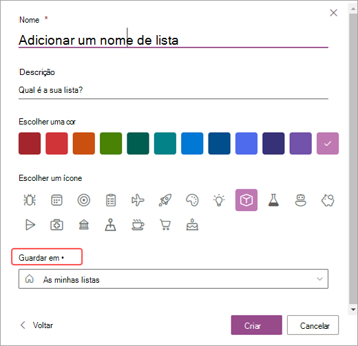 Captura de ecrã das opções para personalizar as suas listas no SharePoint.