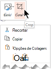 O botão Recortar é apresentado acima ou abaixo do menu de pop-up