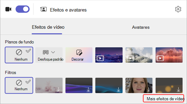 captura de tela das opções de filtro de vídeo