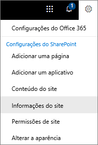 Menu Configurações com informações do site selecionadas