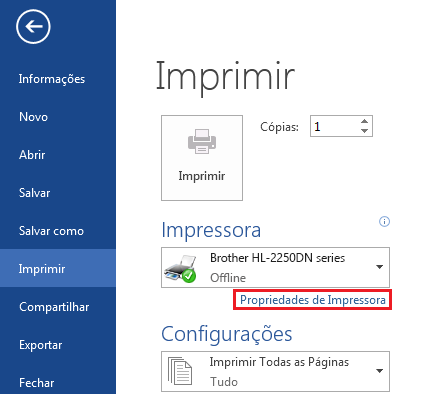 Na tela Imprimir, clique em Propriedades de Impressora.