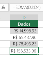 Use a função SOMA em vez de embutir valores em fórmulas.  A fórmula na célula D5 é =SOMA(D2:D4)