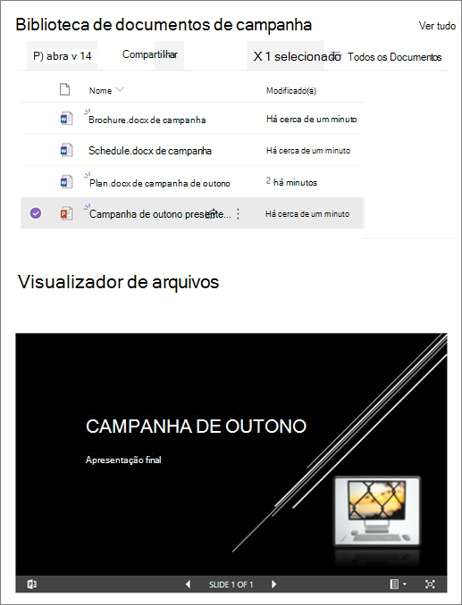 Exemplo de uma Web Part do visualizador de arquivos conectada a uma biblioteca de documentos