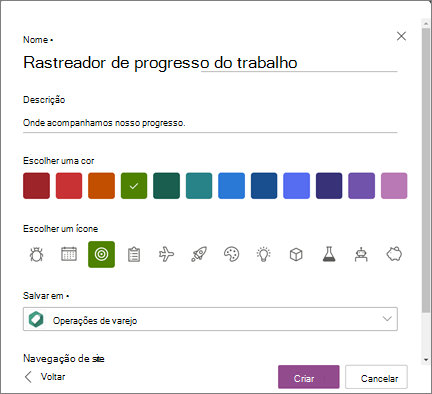 Captura de tela da inserção de um nome de lista e seleção de um site do SharePoint como o local para salvar uma lista ao criar uma lista