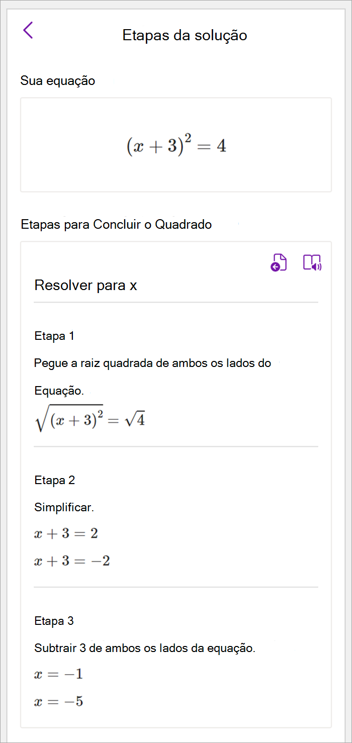 Captura de ecrã do painel de matemática no OneNote para ambiente de trabalho. Os passos da solução são apresentados para utilizar a conclusão do método quadrado para resolver para x.