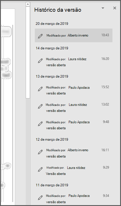 O painel Histórico de Versão em Office mostrando várias versões anteriores do arquivo