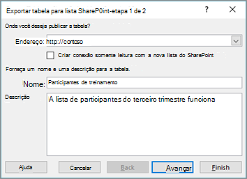 caixa de diálogo do assistente para exportar para o sharepoint