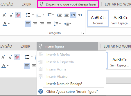 Mostra a caixa de pesquisa "diga-me" na faixa de opções do Word Online.