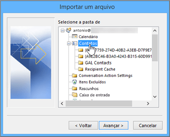 Quando você importa contatos do Google Gmail para sua caixa de correio do Office 365, selecione contatos como destino.