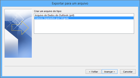 Assistente de exportação do Outlook: escolher arquivo CSV