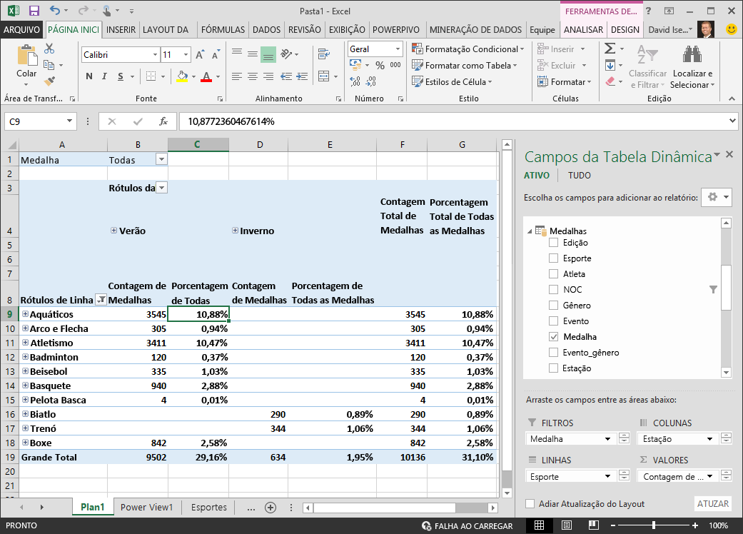 Tabela dinâmica exibe PivotTable dados de porcentagem