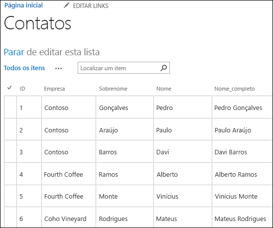 Lista do SharePoint com seis registros de contatos exibidos