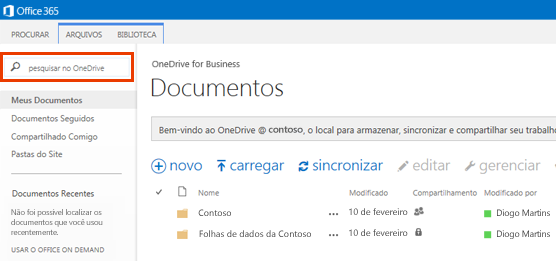 Captura de tela da Caixa de Consulta do OneDrive no Office 365.