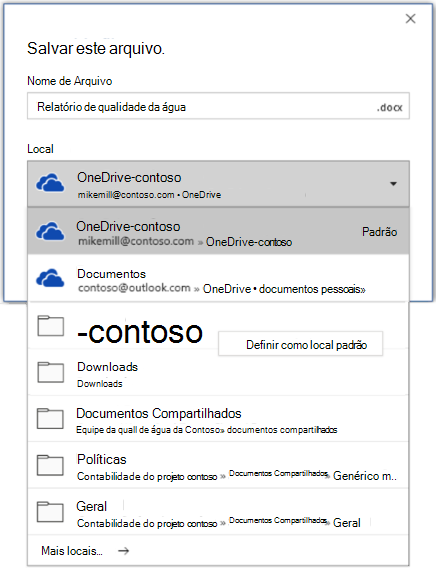 Uma captura de ecrã de como definir a localização predefinida no Word ao guardar um novo ficheiro