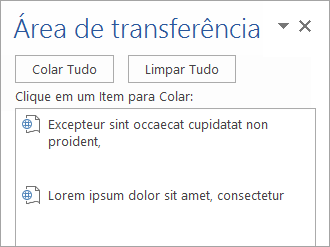 Mostra o painel de tarefas da Área de Transferência com conteúdo copiado