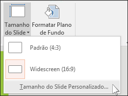 Na guia Design da Faixa de Opções, selecione Tamanho do Slide e Tamanho do Slide Personalizado.