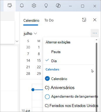 Selecione Alternar exibições para exibir o modo de exibição Agenda ou Dia. Aqui é onde você também pode escolher quais calendários exibir.