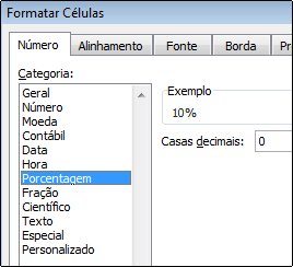 Categoria Porcentagem na caixa de diálogo Formatar Células