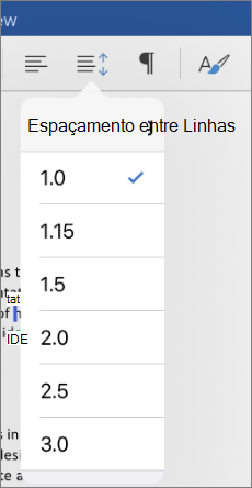 Mostra as opções de espaçamento entre linhas no Word para iPad.