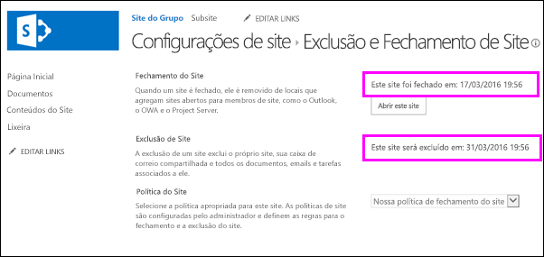 Página Fechamento e Exclusão do Site mostrando datas