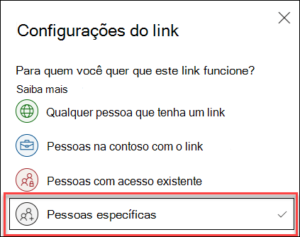 Configuração de link no OneDrive com a opção Pessoas específicas realçada.