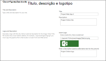 Descrição do site e alttext do logotipo do site em Project Online