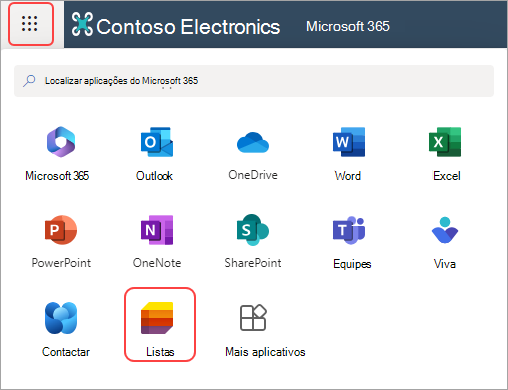 Captura de ecrã da Aplicação Iniciador de Aplicações e Listas no Microsoft 365.