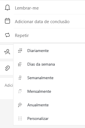 Repetir selecionado com a opção de escolher Diariamente, Dias da semana, Semanal, Mensal, Anual ou Personalizado