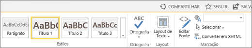 Captura de tela de uma seção da faixa de opções do SharePoint Online com os controles Compartilhar, Seguir e Salvar.