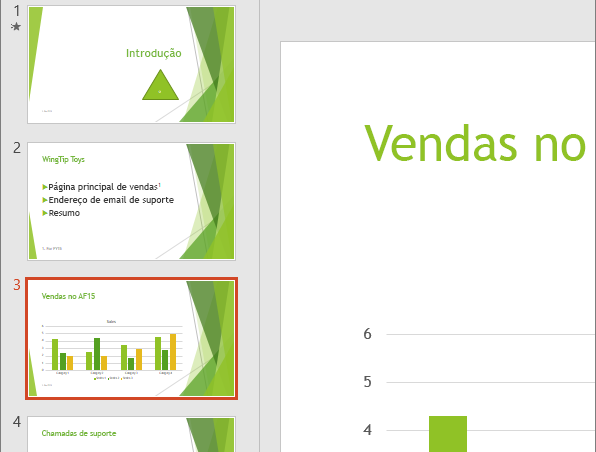 Mostra o Painel de Slides com o terceiro slide selecionado no PowerPoint