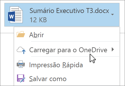 Captura de tela de uma janela de redação do Outlook, mostrando um arquivo anexado com o comando Carregar selecionado.