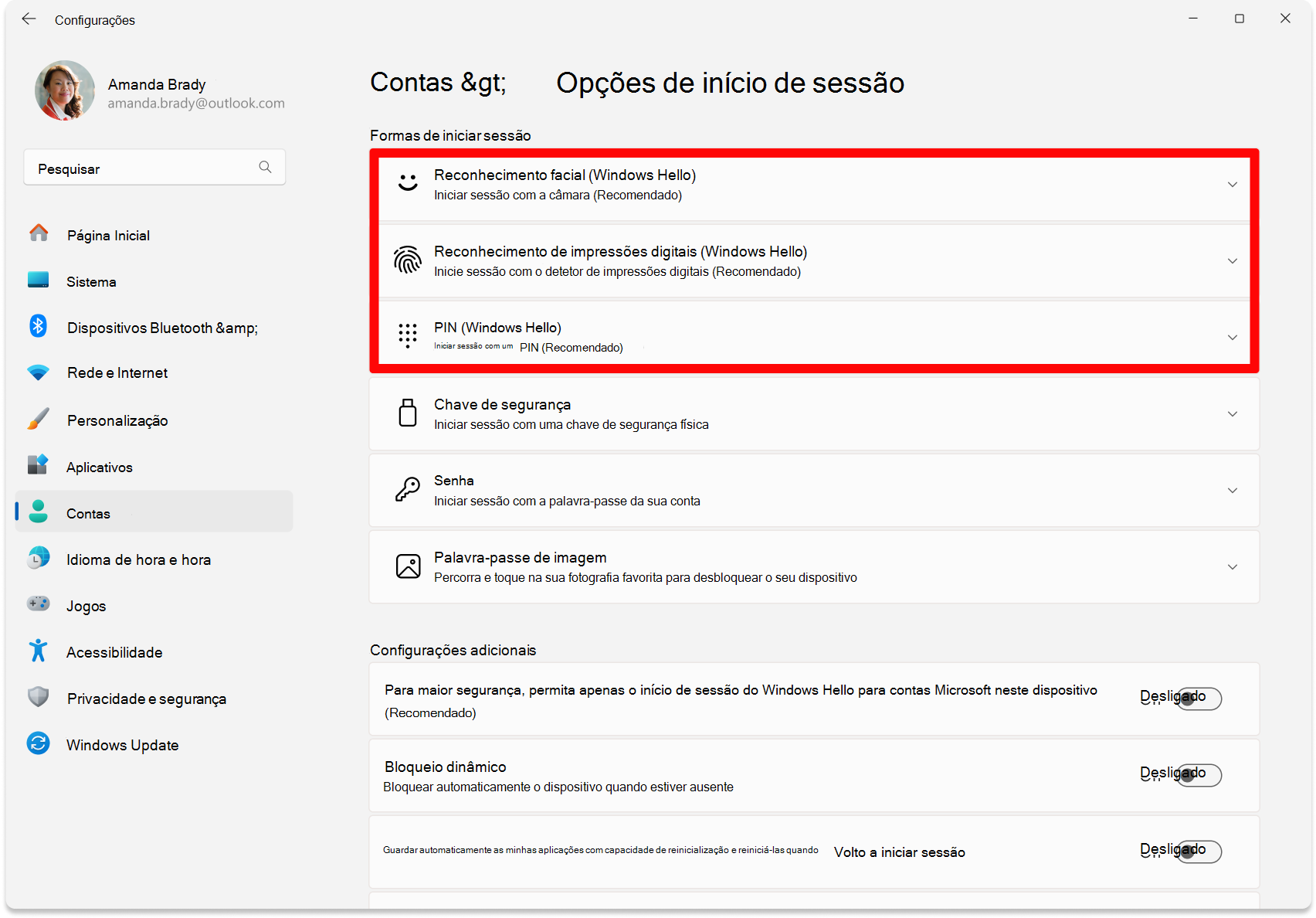 Captura de tela de Configurações – Opções para configurar o Windows Hello.