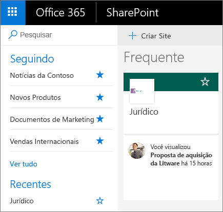 Captura de tela da página inicial do modo Moderno do SharePoint.