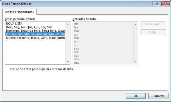 Caixa de diálogo Listas personalizadas